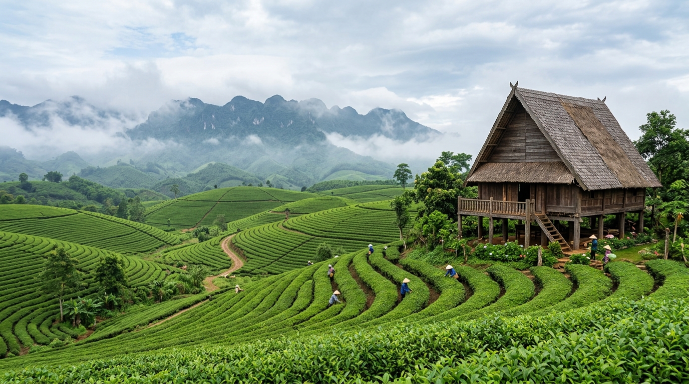 Đồi chè Tây Nguyên và Nhà sàn gỗ mái dốc lớn
